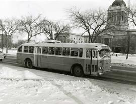 Trolley bus bound for Corydon Avenue in front of the Legislature Building