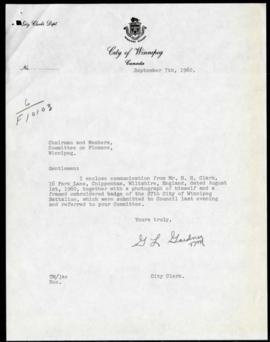 Letter from H. H. Clark to City regarding donation of embroidered badge of 27th Winnipeg Battalion