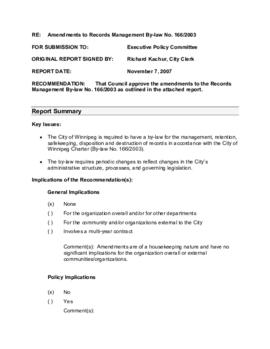 Administrative Report - Amendments to Records Management By-law No. 166/2003