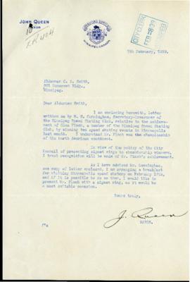 Letter from Mayor John Queen to Alderman C.R. Smith