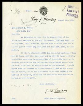 Chief Health Inspector to Mayor Fowler regarding food stuffs destroyed from May 15 to July 31, 1919