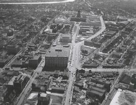 Aerial view of Winnipeg looking south on Memorial Boulevard toward Legislative Building