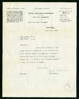 Social Welfare Commission to the City Clerk regarding a replacement for Alderman A.A. Heaps