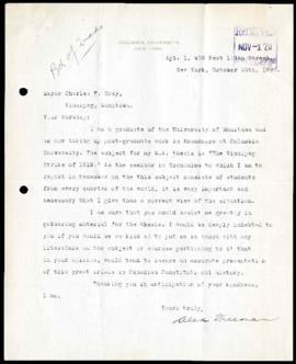 Student to Mayor Gray regarding sources for research on the General Strike