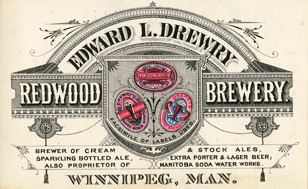 Business card of the Redwood Brewery, ca. 1884. City of Winnipeg (1874-1971) fonds. Cornerstone Casket, 1884 (File 32).