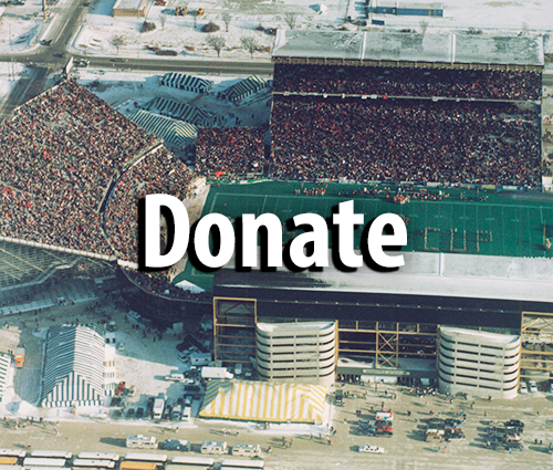 Aerial of stadium during the 1991 Grey Cup game. Overlaid text says Donate.