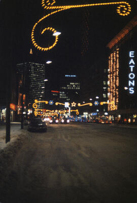 Christmas lights along Portage, looking east from Carlton