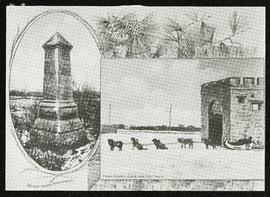 Postcard featuring drawings of Fort Garry gate and Seven Oaks monument